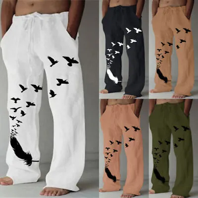 Mens Cotton Linen Harem  Hippy Pants Beach Scenery Printed Casual Loose Trousers • £7.99
