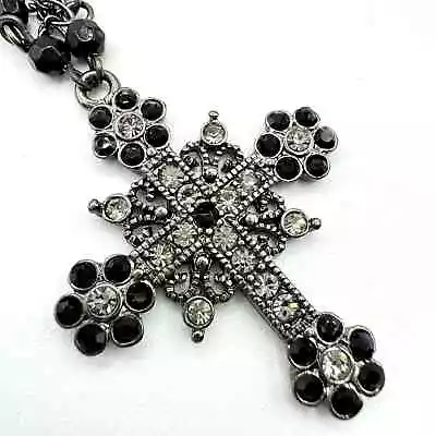 Vintage 1928 Black Rhinestone Cross Pendant Choker Necklace Romantic Goth 16” • $24.90