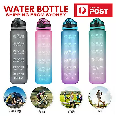 1L Water Bottle Drink Flask With Time Markings BPA Free Sport Gym Motivational • $13.95