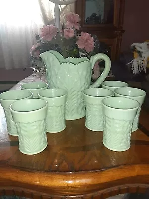 Vtg L.E.Smith Jadeite Glass Dogwood Pitcher/8 Glasses Martha Stewart Collection • $399.99