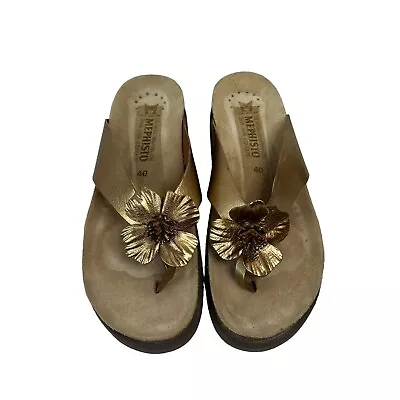 Mephisto Size 40 US 10 Violette Sandals Gold Leather Flower Slide Flat Thong • $59.93
