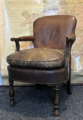 19th Century Old  Leather Library Chair Armchair /seat • £375.99