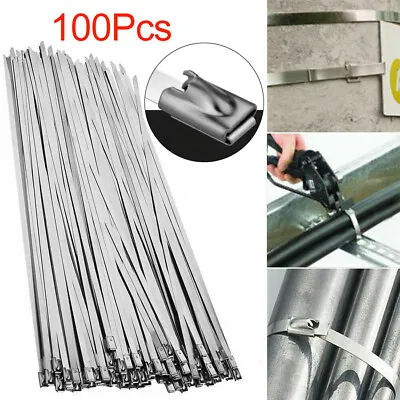 100 Pcs 304 Stainless Steel 12  Exhaust Wrap Coated Metal Locking Cable Zip Ties • $10.99