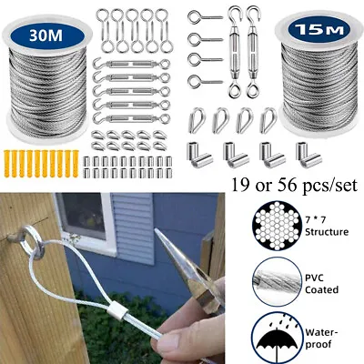 £4.99 • Buy 15/30M 2mm Stainless Steel Wire Rope Cable Railing Fence Roll Kits Hanging Hooks