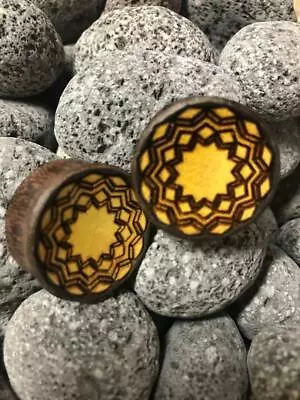 Pair Mandala Flower Engraved Tamarind Wood Plugs Jack Fruit Wood Gauges Tunnels • $12.79