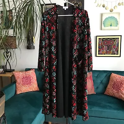 LULAROE Size S Black Red Aqua Tribal Print Long Open Sarah Duster Cardigan NWT • $19.99