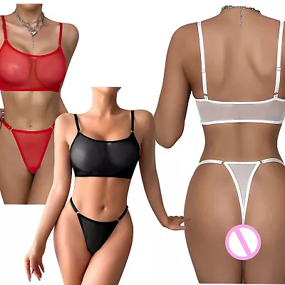 Women's Sheer Mesh Mini Thong Bikini Lingerie Set Brazilian Tankini Swimwear Set • £6.59