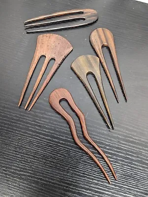 Vintage Wooden Hair Stick Pin Lot Of 5 - 2 & 3 Prong (Ao) • $25