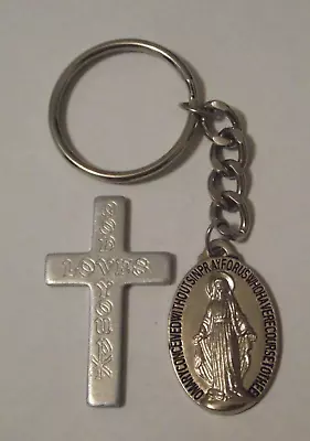 Vtg Religious Lot Miraculous V. Mary Keychain & Pocket Cross Medal God Loves You • $20