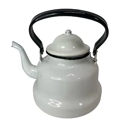 Vintage Emailul Enamelware Teapot Tea Kettle Romania White Black Handle • £25.84