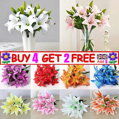 Artificial Lily Silk Fake Flowers Bouquet Bridal Bunch Wedding Party Home Decor • £5.89