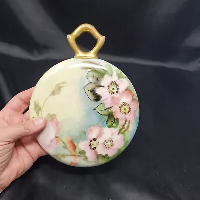 Antique Victorian  Porcelain Hand Mirror Ring Handle Beveled Glass Pink Roses 7  • $54.99
