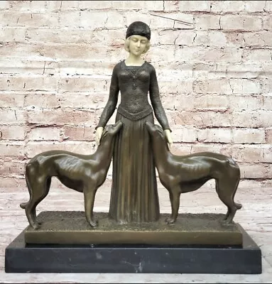 Signed D.H.Chiparus Bronze Statue Deco Girl W/ Dogs Sculpture  Friends Forever • £433.22