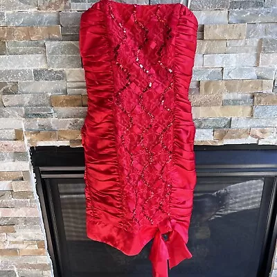 Vtg 80s 90s Prom Party Dress Red Sequin Bodycon Strapless Bow Sz Med • $9.99