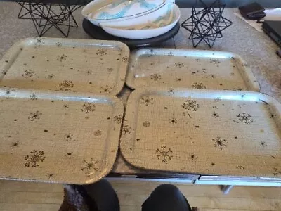 Set Of 4 Vintage Metal Lap TV Trays Snowflakes Rectangle Winter Decor Snow • $19.99