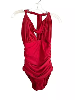 Lenny Niemeyer Red Bio Ruched Halter One Piece Swimsuit Size Large Keyhole UPF • $55