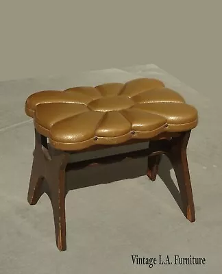 Vintage Mid Century Modern Gold Tufted Vinyl Floral Design Footstool Bench • $325