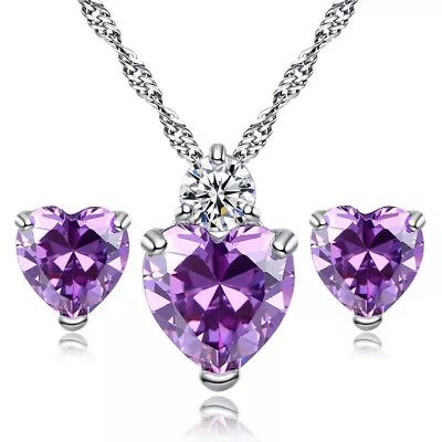 Love Heart Jewelry Set 2pcs Natural Purple Amethyst Gems Silver Pendant Earrings • $5.98
