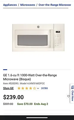 GE JVM3160DFCC 1.6 Cu-Ft. Over-The-Range Microwave Oven Bisque • $150