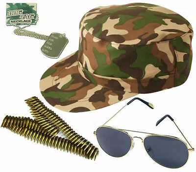 Men/ Ladies Army Fancy Dress Accessories Hat Bullets Glasses Military Set • £14.95