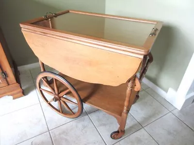 Wood Tea Cart Drop Leaf Glass Tray Top Vintage Mid Century Imperial   • $224