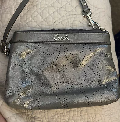 Coach Wristlet Metallic Purse Silver Lettering. Swivel Latch. Coach Keychain • $14