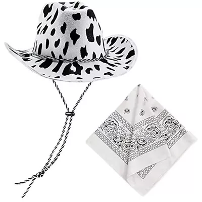 Mens Western Cowboy Hat Bandana Set Adjustable Rave Cowgirl Hat Cow Print • $19.80