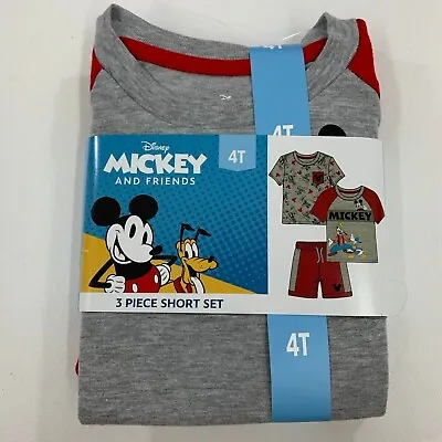 Mickey Mouse 3 Piece Pajama Set 4T Graphic Shirt And Shorts Red Gray Print 4T • $12