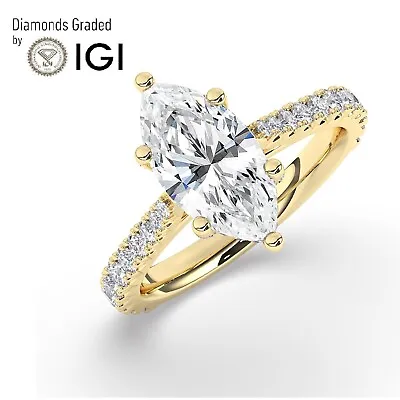 Marquise Solitaire Hidden Halo Yellow Gold Engagement Ring2.50ct Lab-grown IGI • $2566