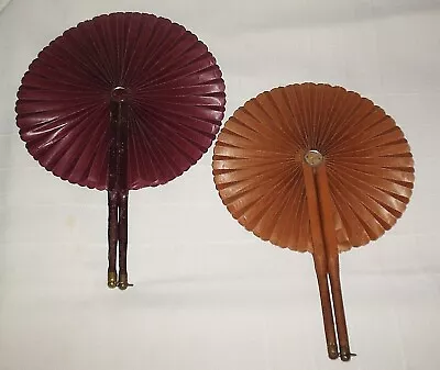 2 Vintage Handheld Round Paper Folding Fans Wood 8 1/2  Pumpkin 9 1/2  Maroon • $7