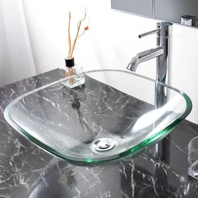 £55.90 • Buy Bathroom Tempered Glass Square Vessel Sink Transparent Vanity Hotel Bowl Basin