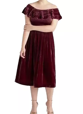 NWT Hill House Akilah Nap Midi Ruffle Dress Burgundy Silk Blend Velvet Women S • $100
