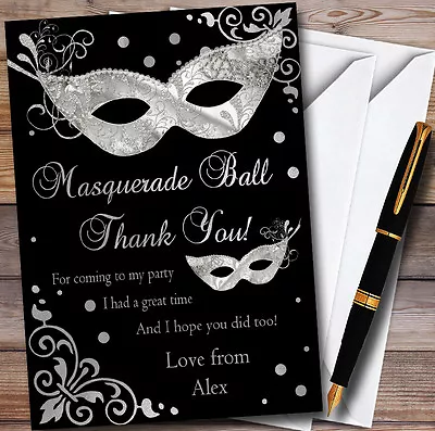 Silver & Black Masquerade Ball Personalised Party Thank You Cards • £9.99