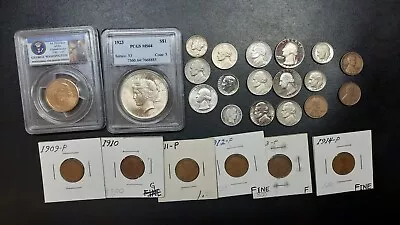 Mixed Lot Of U.s Coins. Pcgs 1923-p Peace Dollar  Silver Nickel Dimes & More • $100