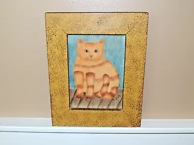 Vintage Theorem Painting On Velvet  Sitting Cat  Framed Signed S. Ruch • $38.95