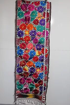 Traditional Mexican Table Runner Handmade Embroidered Bold Bright Floral White • $100