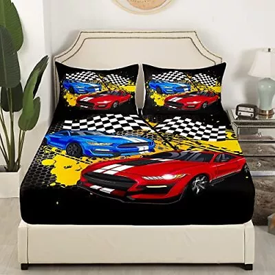 Race Sports Car Bed Sheet Set Speed Racing Car Fitted Sheets Bedding Set With 2  • $54.69