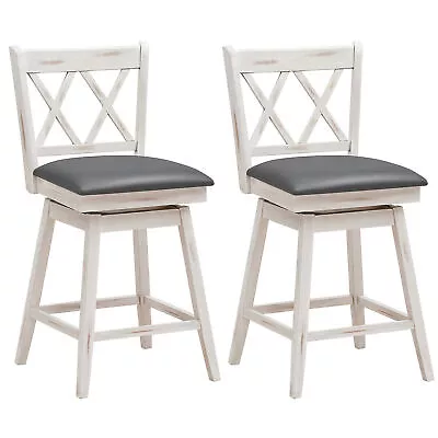 Set Of 2 Barstools Swivel Counter Height Chairs W/Rubber Wood Legs Antique White • $158.99