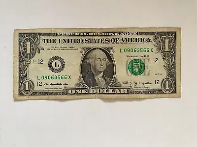 One Dollar Bill Serial Number L 09063566 X $1 Note US Real Money 2009 Notes USA • $6.99