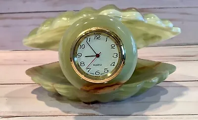 Clam Shaped Clock Green Onyx Marble Alabaster Collectible • $49.99