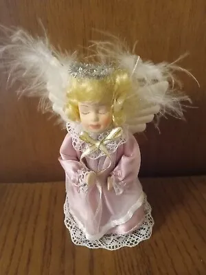 Vintage Kneeling Angel Doll 4.5  Blond Pink Dress Feather Wings Great Condition! • $9