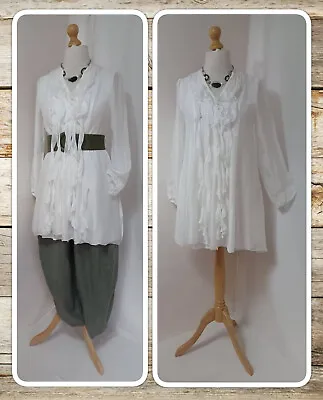 Bnwt Quirky Lagenlook Off-white Silk Frill/ruffle Tunic Blouse Osfa • £41.99