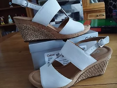 Gabor Comfort White Leather Rattan And Cork Wedge Sandals Size 8 • £34.99