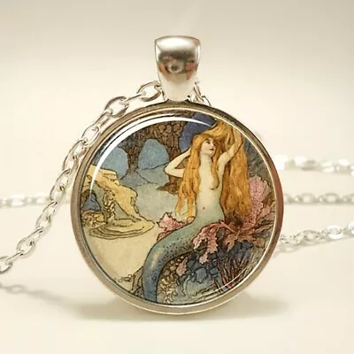 Retro Mermaid Convex Round Pendant Necklace Womens Personality Neck Jewelry Gift • $2.09