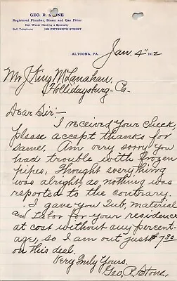 1912 Geo R Stone Registered Plumber Steam  Gas Fitter Letter Handwritten Cursive • $9.74
