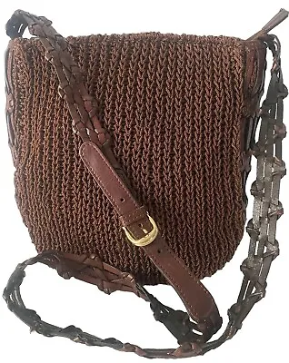 CEM Brown Woven Knit Leather Crossbody Shoulder Bag Boho Hippie Vintage • $34.99