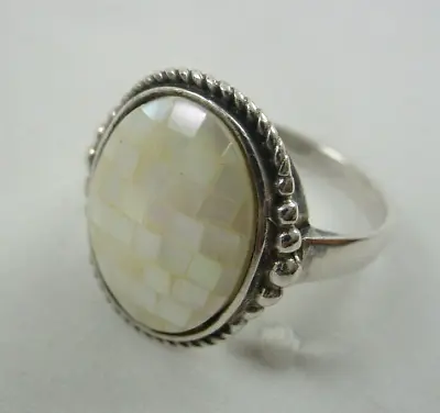 Signed CHARLES WINSTON CW Mother Of Pearl Mosaic Sterling Silver Ring Size 8.75 • $27.99