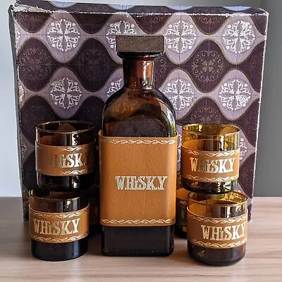 Vintage 1970s Whisky Glasses Set Retro Amber Glass Leather Band  In Original Box • $36