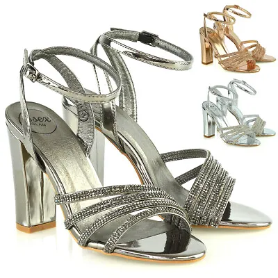 £19.99 • Buy Womens Strappy Ankle Strap Sandals Ladies Block High Heel Party Bridal Shoes 3-8