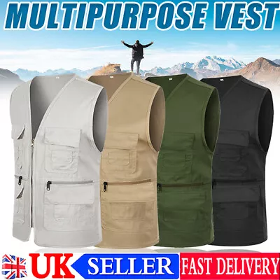 Men's Multi-Pocket Safari Vest Jacket Fishing Hunting Photography Tops Waistcoat • £15.38